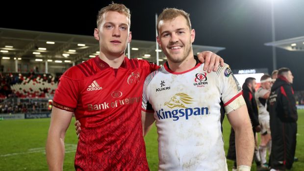 Munster’s Mike Haley and Will Addison of Ulster after the game: “I’m very good friends with Will and we both came through Sale.” Photograph: Inpho