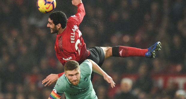 Fellaini outjumping Arsenal’s Shkodran Mustafi. The Belgian can make use of his Velcro-touch chest control, all the while clearing the area around him with a head-high, studs-up roundhouse ninja lunge. Photograph: AFP