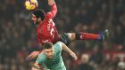 Fellaini outjumping Arsenal’s Shkodran Mustafi. The Belgian can make use of his Velcro-touch chest control, all the while clearing the area around him with a head-high, studs-up roundhouse ninja lunge. Photograph: AFP