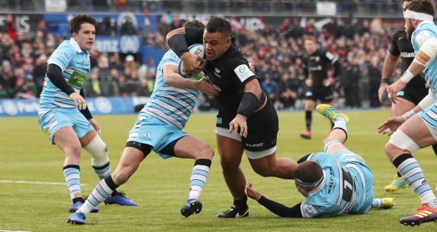  Billy Vunipola scores Saracens’  third try during the Heineken  Challenge Cup pool three match against Glasgow  at Allianz park. Photograph: David Davies/PA Wire