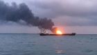 One of two gas tankers  burning in the Kerch Strait between the Crimean and Russian borders in the Black Sea on Monday. Photograph: EPA/Kerch FM