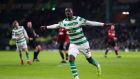 New signing Timothy Weah celebrates scoring Celtic’s fourth in their win over St Mirren. Photograph: Ian MacNicol/Getty