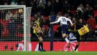 Tottenham Hotspur’s Fernando Llorente scores his side’s winning goal late on in the Premier League game against watford at Wembley. Photograph:  Mike Egerton/PA Wire