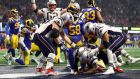Sony Michel of the New England Patriots scores a touchdown against the Los Angeles Rams in the fourth quarter during Super Bowl LIII at Mercedes-Benz Stadium. Photograph: Getty Images