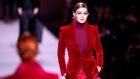 US model Gigi Hadid walks the runway during the Tom Ford fashion show at New York Fashion Week. Photograph: Johannes Eisele/AFP/Getty Images