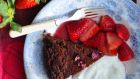 Chocolate red wine cake with strawberries