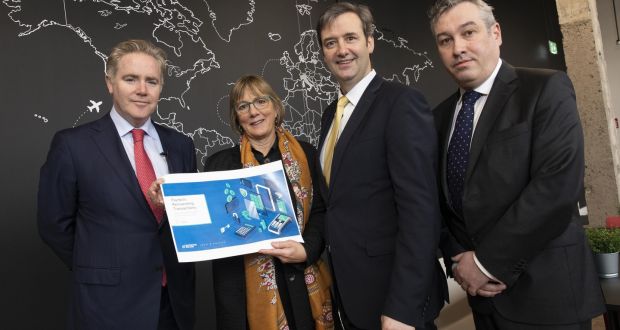 Pictured at Enterprise Ireland’s international fintech event “Appetite for Disruption”: Domhnal Slattery, founder and CEO of Avolon, Julie Sinnamon, CEO of Enterprise Ireland, Minister of State for Financial Services, Michael D’Arcy and Enda McDonnell, head of fintech, Enterprise Ireland.Photograph: Orla Murray/ SON 