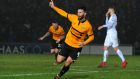  Pádraig Amond of Newport County celebrates scoring his side’s second goal during their FA Cup  match against Middlesbrough at Rodney Parade earlier this month. Photograph:  Athena Pictures/Getty Images
