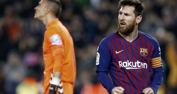  Barcelona’s  Leo Messi celebrates after scoring against Real Valladolid at Camp Nou stadium in Barcelona. Photograph: EPA/Andreu Dalmau
