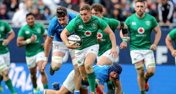 Ireland’s Jordan Larmour makes a spectacular break to set up a try for Luke McGrath against Italy at Soldier Field, Chicago. Photograph: Dan Sheridan/Inpho 