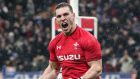  Wales’ George North celebrates scoring their third try against France at the Stade de France earlier this month. Photograph: Billy Stickland/Inpho