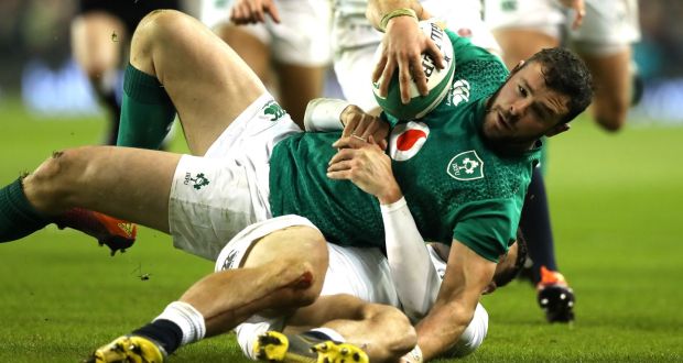 Ireland’s Robbie Henshaw  is tackled by Jonny May of England during their   Six Nations defeat at the Aviva Stadium on February 2nd. Photograph: Reuters