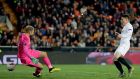 Valencia’s Kevin Gameiro scores    during the Europa League round of 32 second leg against Celtic at the Mestalla. Photograph: Richard Heathcote/Getty Images
