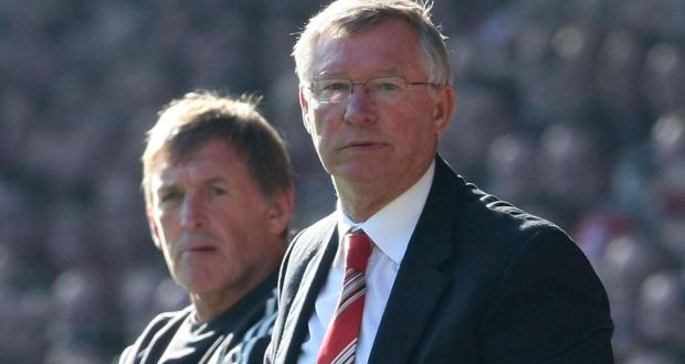United’s Alex Ferguson and Kenny Dalglish of Liverpool  during a  league match at Anfield on October 15th, 2011. Photograph:  Getty Images