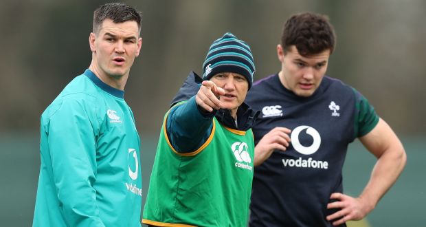 Johnny  Sexton, Joe Schmidt and Jacob Stockdale at Ireland training on Friday. Photograph: Billy Stickland/Inpho