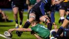 Connacht’s Kyle Godwin reaches over the line for a try that  was later disallowed during the Guinness Pro 14 game against Glasgow Warriors at  Scotstoun. Photograph: Craig Watson/Inpho