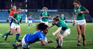 Italy’s Giada Franco scores a try during the Women’s Six Nations match at Stadio Lanfranchi in Parma. Photograph: Matteo Ciambelli/Inpho