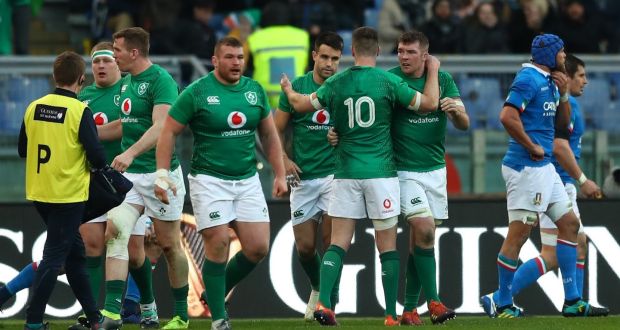 Ireland celebrate after Conor Murray scores a try in their  Six Nations Round 3 match against Italy at  Stadio Olimpico, Rome on Sunday. Photograph: James Crombie/Inpho