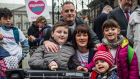 Sam Bailey from Rathcoole, Co Dublin, his father Paul, mother Fiona and sisters Kayla and Sarah, protesting  over the HSE’s decision not funding the drug Spinraza, outside the Dáil on Thursday. Photograph: James Forde 