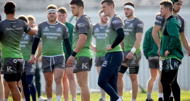 Tom Farrell and Stephen Fitzgerald with teammates at  Connacht’s squad training session at  Sportsground, Galway. Photograph: James Crisbie/Inpho  