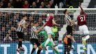  Declan Rice heads home to score West Ham’s first goal in the Premier League game against Newcastle United  at London stadium. Photograph:  Paul Harding/PA Wire