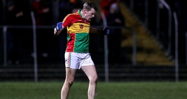 Carlow’s Seán Gannon celebrates his side’s last point in the Allianz Football League Division 3 match against Louth  at Netwatch Cullen Park. Photograph: Laszlo Geczo/Inpho
