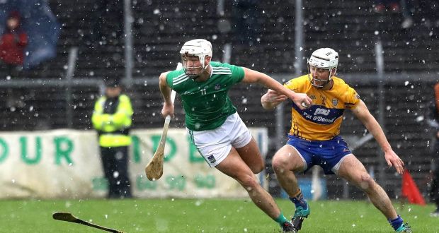 Limerick’s Kyle Hayes with Colm Galvin of Clare during their Allianz Hurling League Division 1A encounter. Photo: Lorraine O’Sullivan/Inpho