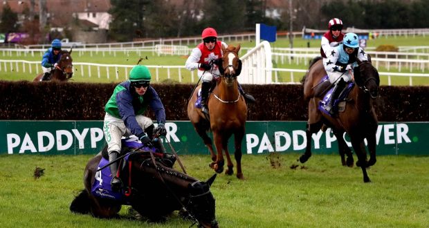   Ballybrowney Walk falls at the last fence under Paul Townend during the ‘Club 30 Membership’ Handicap Steeplechase  at Leopardstown on Monday. Photograph: Ryan Byrne/Inpho