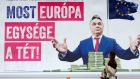 A  2018 billboard showing Hungary’s prime minister, Viktor Orban, which reads, “First he just wanted to take our money, now the unity of Europe is at stake”, outside the European Parliament in Brussels. Photograph:  Francois Lenoir/Reuters