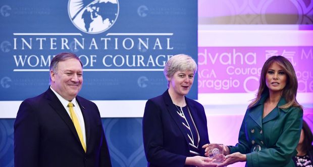 US first lady Melania Trump and US secretary of state Mike Pompeo present the 2019 International Women of Courage award to Sr Orla Treacy during a ceremony at the State Department in Washington, DC. Photograph: Mandel Ngan/AFP/Getty Images