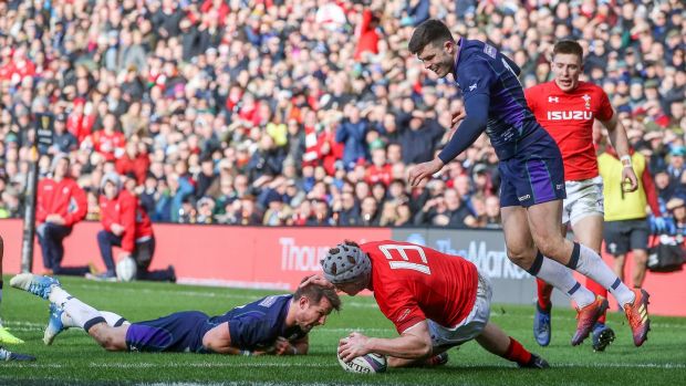 Jonathan Davies scores his try. Photograph: Tommy Dickson/Inpho