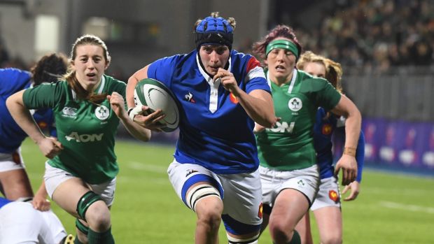 France lock Audrey Forlani runs in a try during the Women’s Six Nations match againstb Ireland at Donnybrook. Photograph: Damien Meyer/AFP/Getty Images