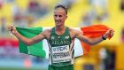 Rob Heffernan celebrates winning gold at the IAAF World Athletics Championshops in Moscow on August 14th, 2013. Photograph: Ian MacNicol/Inpho