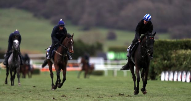 Delta Work ridden by Davy Russell (right) on the gallops at Cheltenham on Tuesday. Photograph:  Simon Cooper/PA Wire