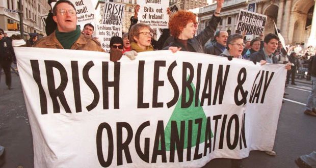 Members of the Irish and Lesbian Gay Organization march up Fifth Avenue  in New York before the start of the 235th annual St Patrick’s Day Parade to demonstrate against their exclusion  by  the parade organisers, the Ancient Order of Hibernians. Photograph: Jon Levy /AFP/Getty Images