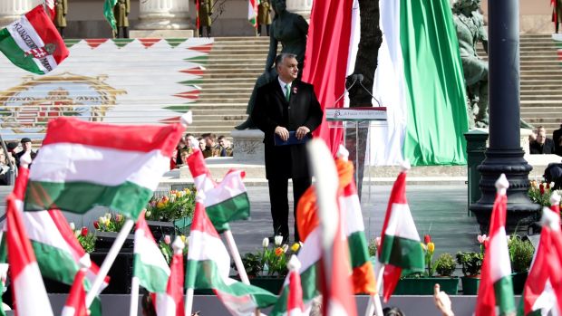 Hungarian prime minister Viktor Orban attends Hungary’s national day celebrations, which also commemorates the 1848 Hungarian Revolution against the Habsburg monarchy. Photograph: Lisi Niesner/Reuters
