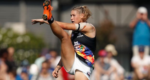 Michael Willson’s photo, a stunning portrait of the athleticism on show in the AFLW. Photograph: Michael Willson/AFL Media/Getty Images