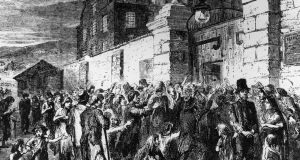 Starving peasants clamour at the gates of a workhouse during the Irish potato Famine. Photograph: Hulton Archive/Getty Images