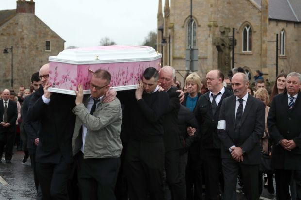 Lauren Bullock is taken from St Patrick’s Church, Donaghmore, after her funeral Mass. Photograph: Liam McBurney/PA