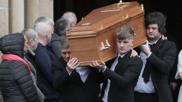 Morgan Barnard is shouldered from St Patrick’s Church, Dungannon, after his funeral Mass. Photograph: Brian Lawless/PA