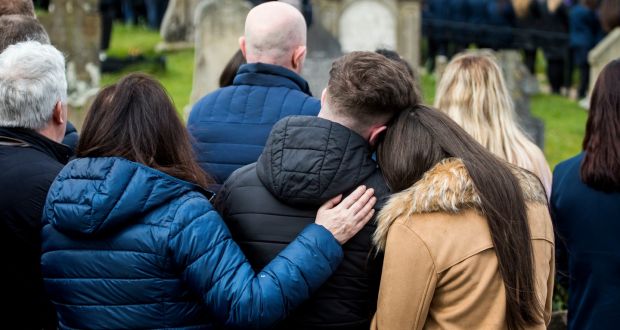 Bereft mourners at Connor Currie’s funeral. Photograph:  Liam McBurney/PA 
