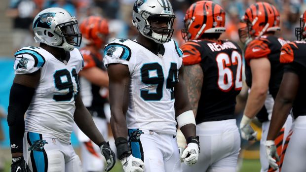 Efe Obada (number 94) in action for the Carolina Panthers against the Cincinnati Bengals. Photograph: Streeter Lecka/Getty