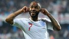 Raheem Sterling reacts to the racist chanting from Montenegro fans after scoring England’s fifth goal at Podgorica City  Stadium on  Monday night. Photograph:  Michael Regan/Getty Images