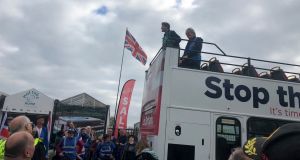 Richard Tice and Tim Martin address the crowd from the bus at Towcester. Photograph: Patrick Freyne
