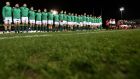 The Irish players sing the national anthem ahead of the fifth and final Six Nations match against Wales in Colwyn Bay. Photograph: Jan Kruger/Getty Images