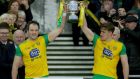 Donegal’s Michael Murphy and Hugh McFadden lift the Division Two trophy. Photograph: Oisin Keniry/Inpho