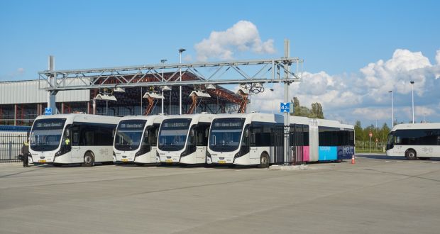 Electric buses charging energy at Amsterdam Airport Schiphol’s bus charging station. Photograph iStock