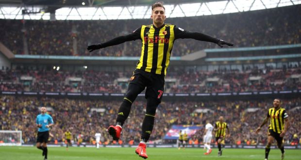 Watford’s Gerard Deulofeu celebrates scoring his side’s third goal during the FA Cup semi-final victory over Wolves at  Wembley Stadium, London.  Photograph:  Nick Potts/PA 