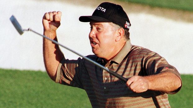 Mark O’Meara reacts to making a birdie putt on the 18th hole to win the 1998 Masters. Photograph: Timothy A Clary/AFP/Getty Images