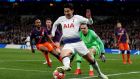 Son Heung-Min keeps the ball in play before scoring Tottenham’s winner against Manchester City. Photograph: Ian Kington/AFP/Getty
